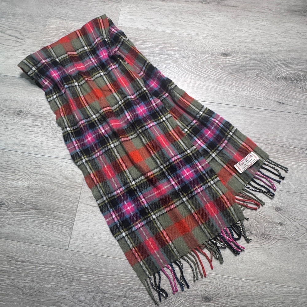 James Pringle Weavers Lambswool Scarf Plaid Tartan‎ Made in Scotland Green Pink